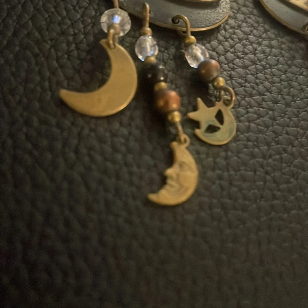 Vintage handmade stamped brass celestial style dangle drop earrings